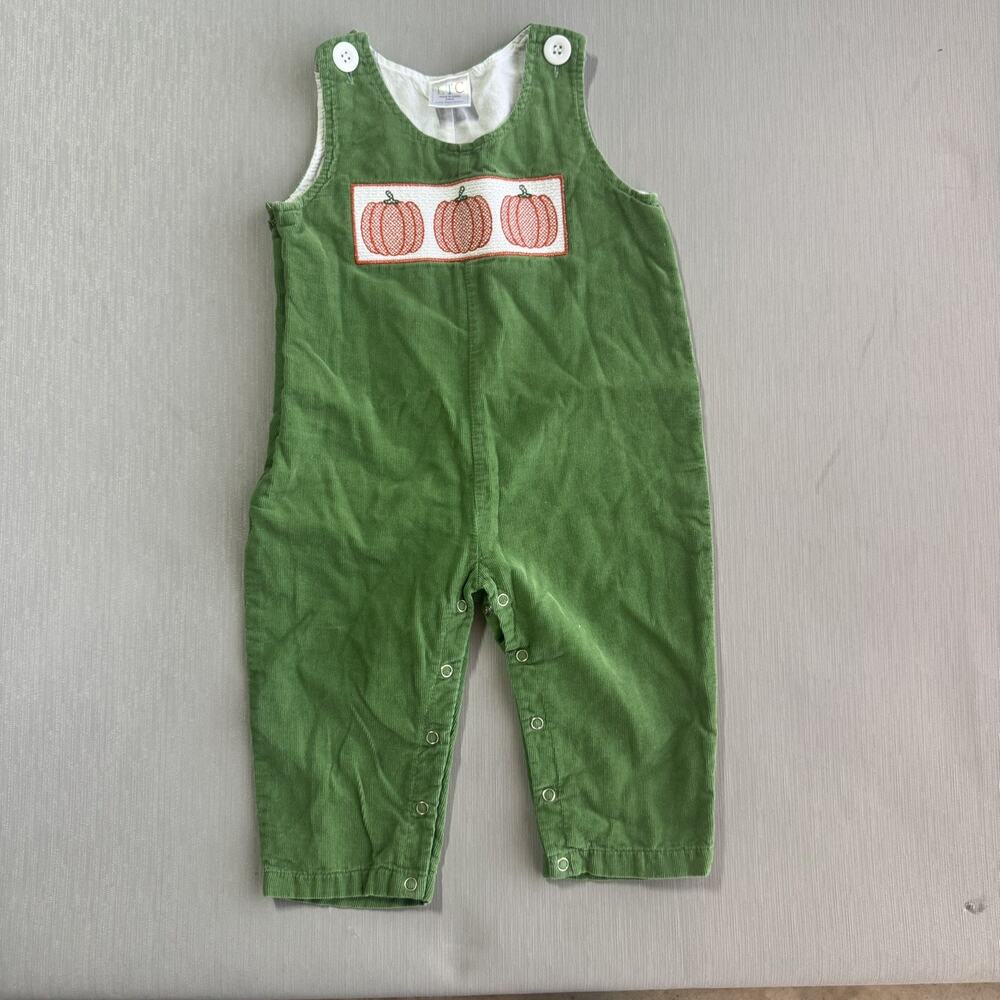 LTC Baby Boy Size 24M Seersucker Pumpkin Overall Romper Appliqué Embroidery